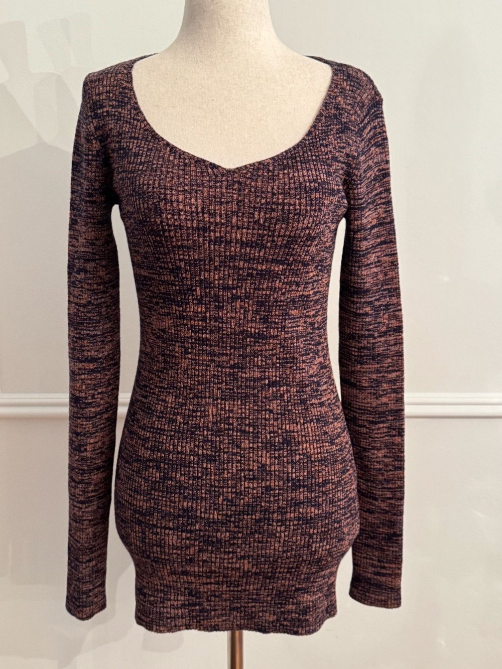 M Missoni Ribbed Tunic Sweater Wool Blend Rust Navy Marled V Neck IT 44 US 8